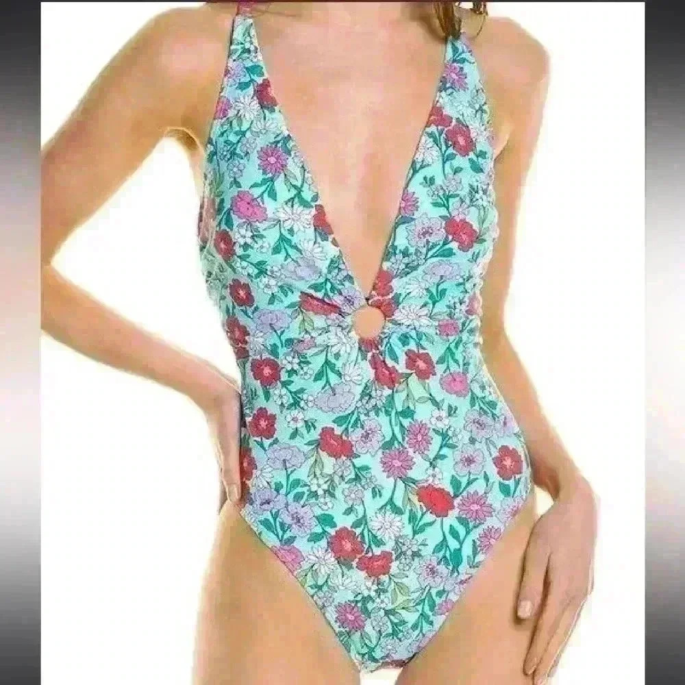 NWT Nanette Lepore Swim Plunging Floral One Piece
Swimsuit Light Blue Size 8